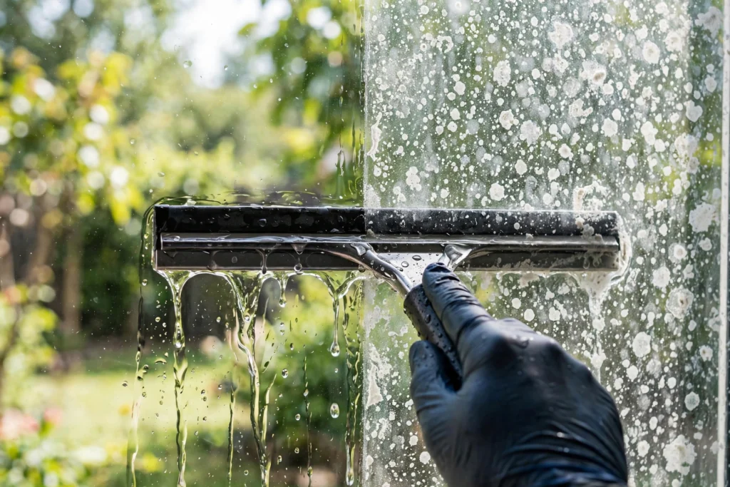 Residential window with hard water mineral spots being cleaned with a squeegee, half sparkling clean