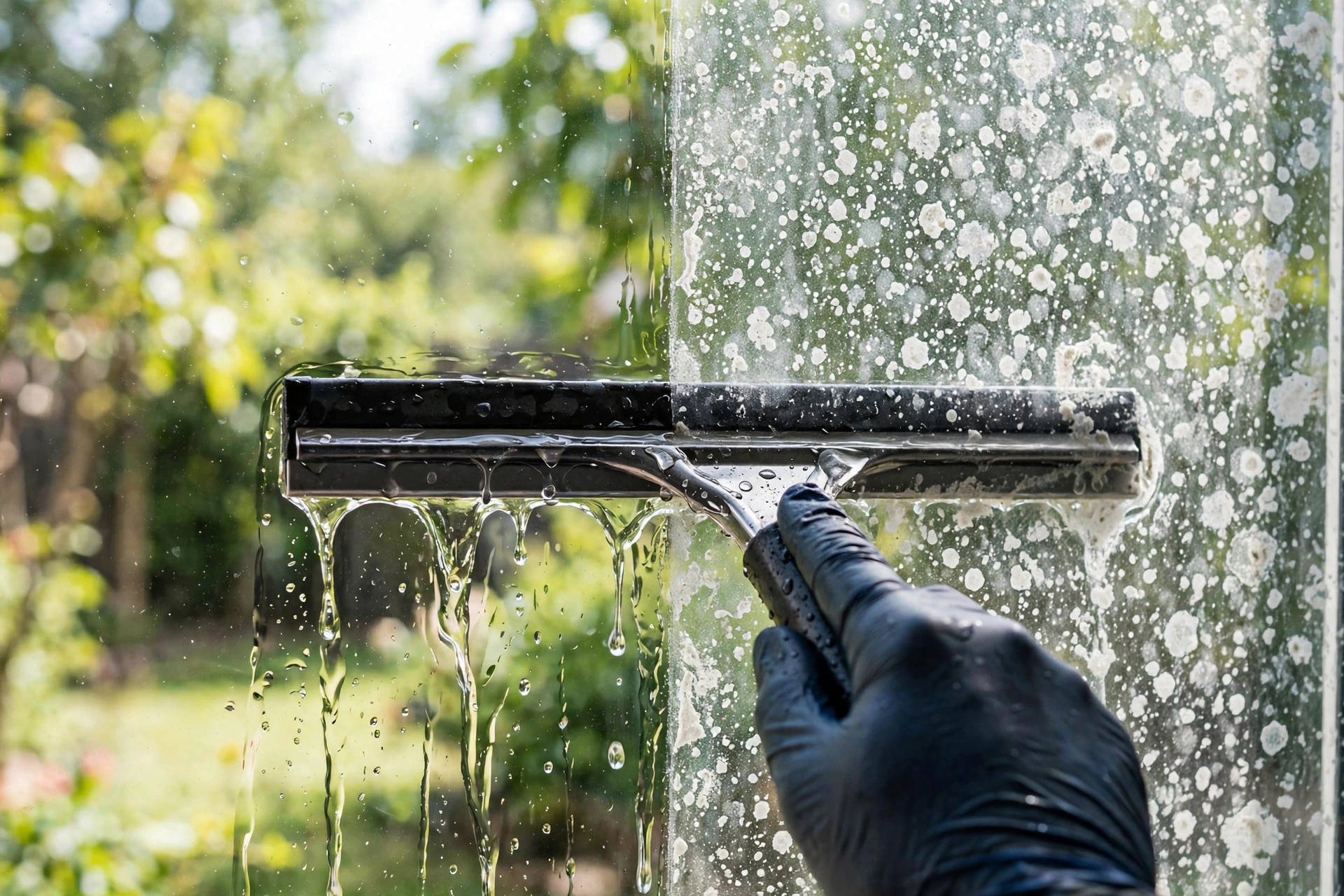 Residential window with hard water mineral spots being cleaned with a squeegee, half sparkling clean
