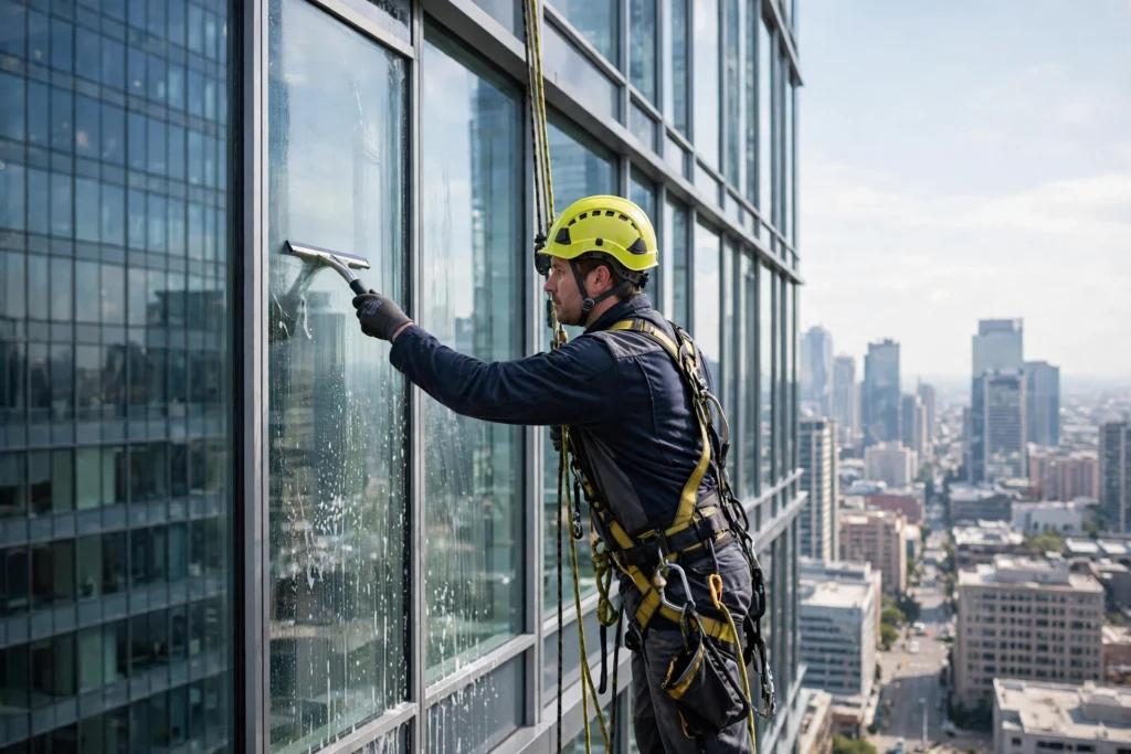 Rope-access window cleaner in safety harness cleaning a high-rise commercial glass facade