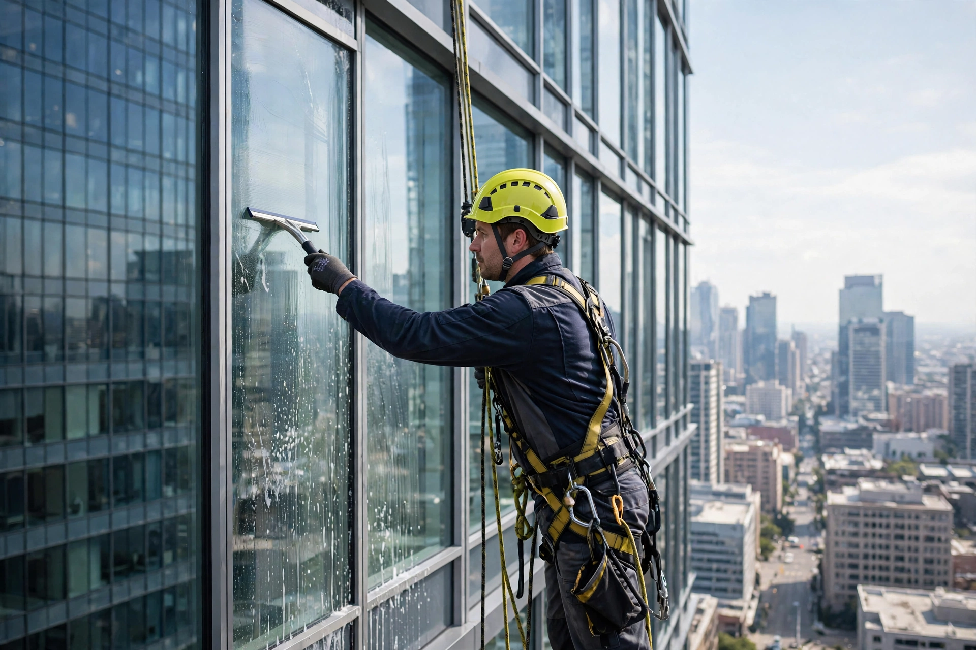 Rope-access window cleaner in safety harness cleaning a high-rise commercial glass facade