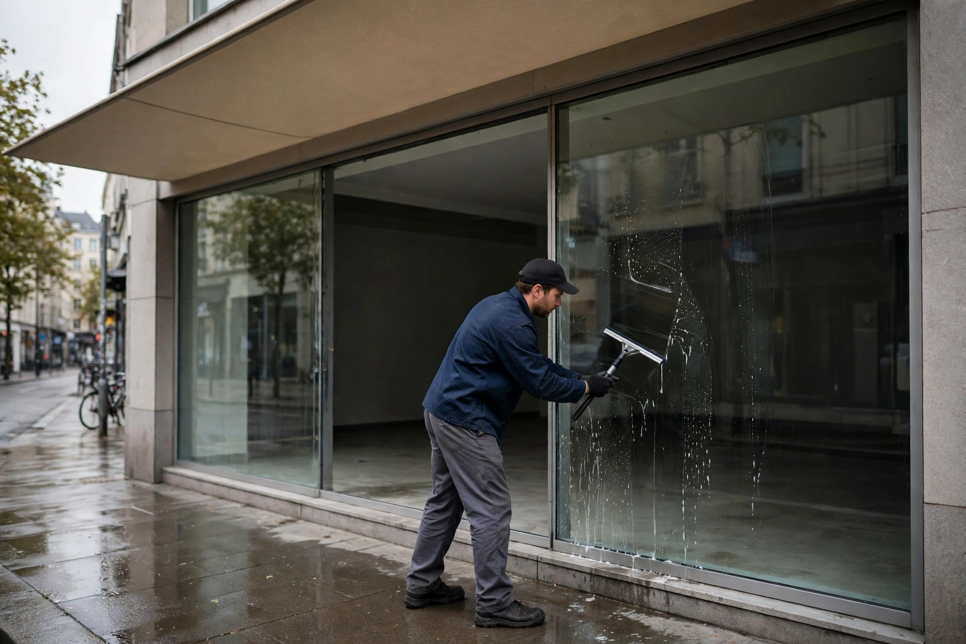 Worker cleaning storefront windows with a squeegee