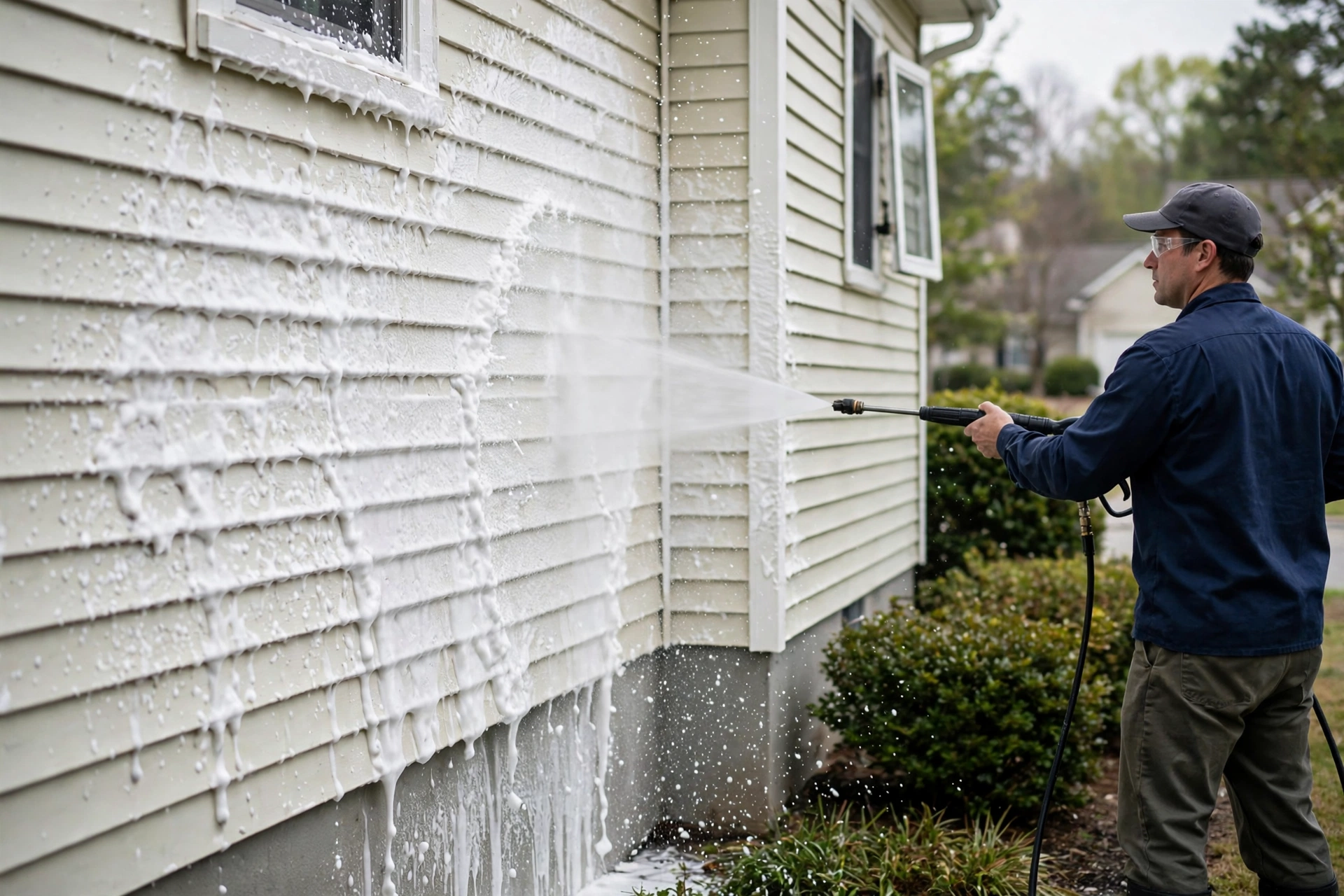 Worker soft washing house siding with a pressure washer