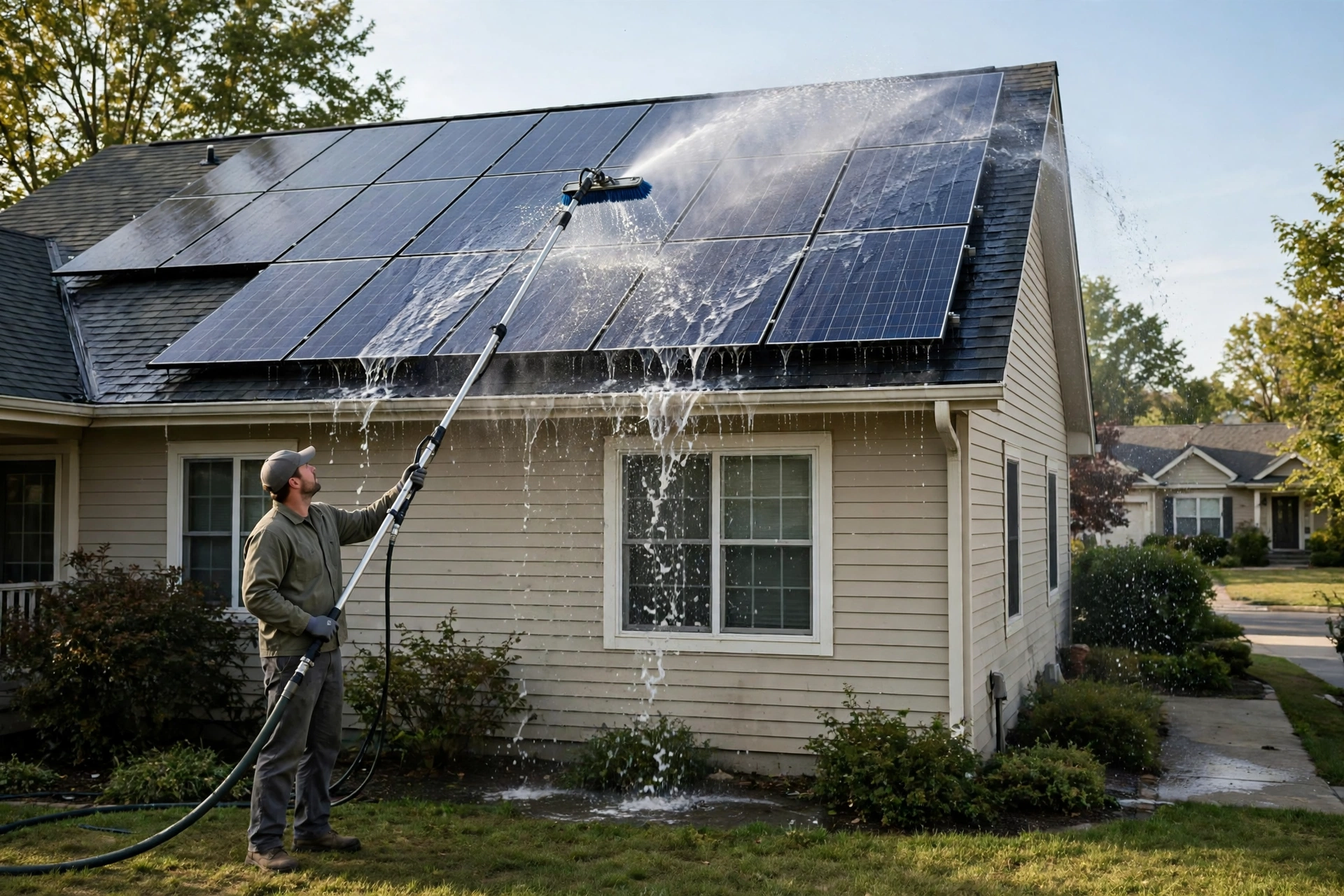 Worker cleaning rooftop solar panels with a water-fed pole