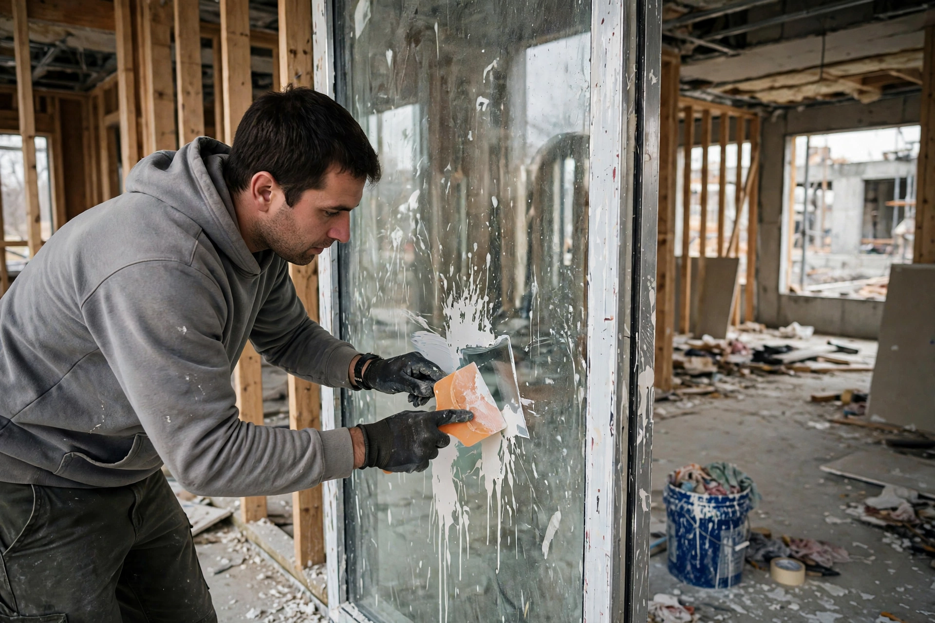 Worker scraping paint overspray off a new construction window