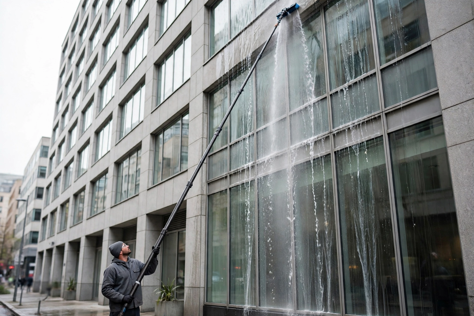 Worker cleaning tall windows with a pure water fed pole