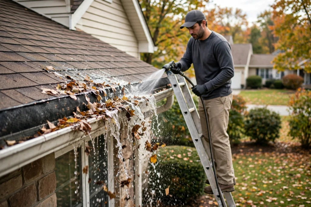 Worker flushing a gutter guard from a ladder