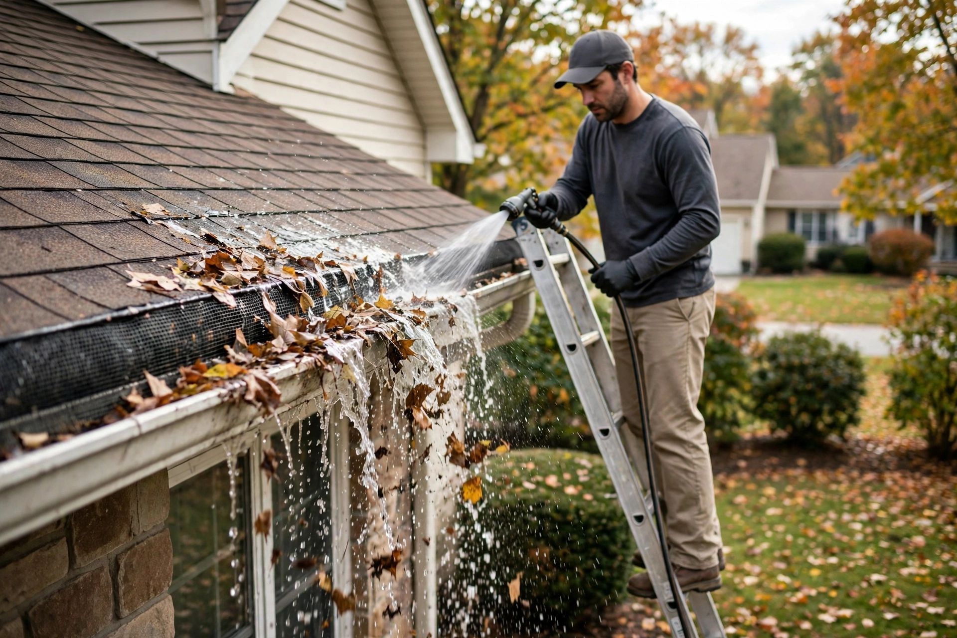Worker flushing a gutter guard from a ladder