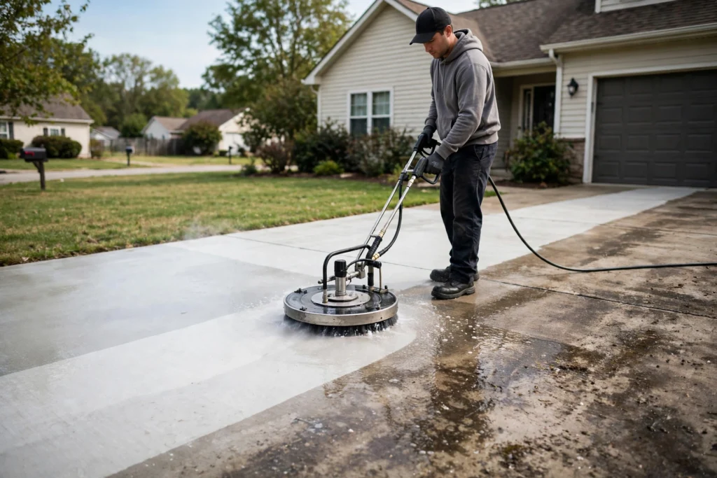 Worker pressure washing a driveway with a surface cleaner