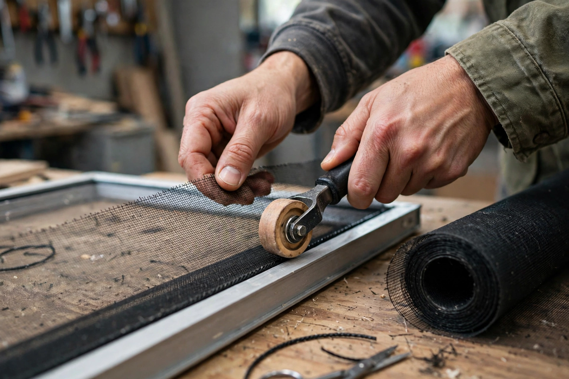 Hands repairing a window screen with a spline roller